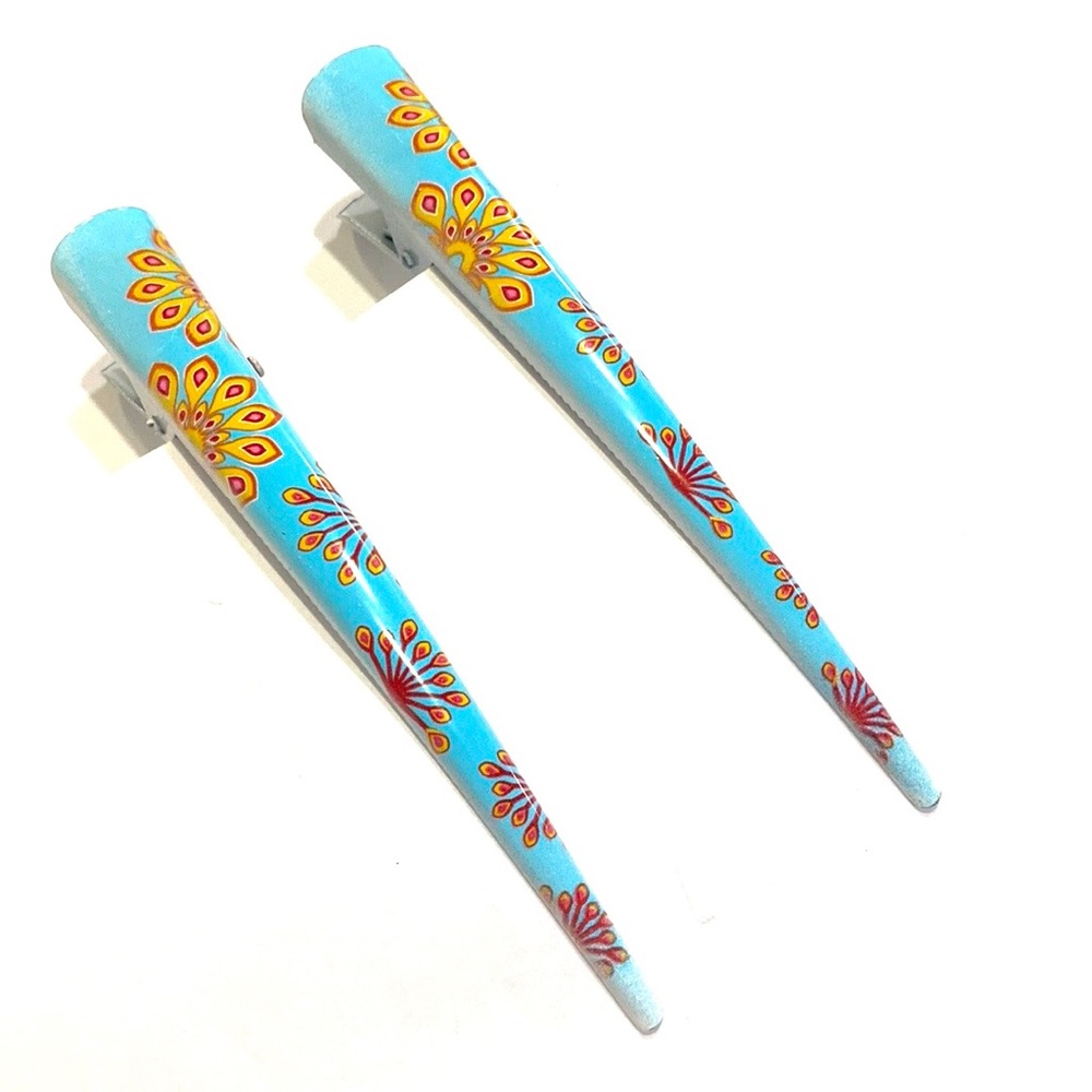 Updo Hair Clips Set of 2 Blue With Yellow Red Peacock Print